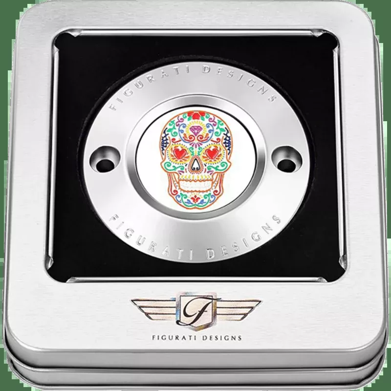 Figurati Designs Timing Cover With Sugar Skull-Fire, 2-Hole