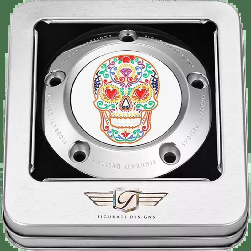 Figurati Designs Timing Cover With Sugar Skull-Fire, 5-Hole