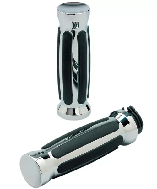 Pro-One Billet Chrome/Black Straight Rubber Handlebar Grips (490000)